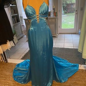 This blue satan  gown with was Taylor cut